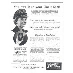 1944 Zenith Radio Radionic Hearing Aid Vintage Print Ad WW2 Uncle Sam Wall Art